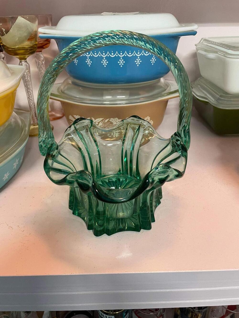 Vintage Fenton Green Vulcan Art Glass Basket with Twisted Handle